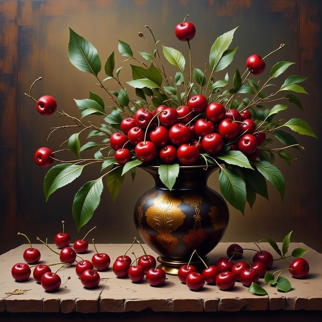 Steampunk Still Life with Cherries in Vibrant Red