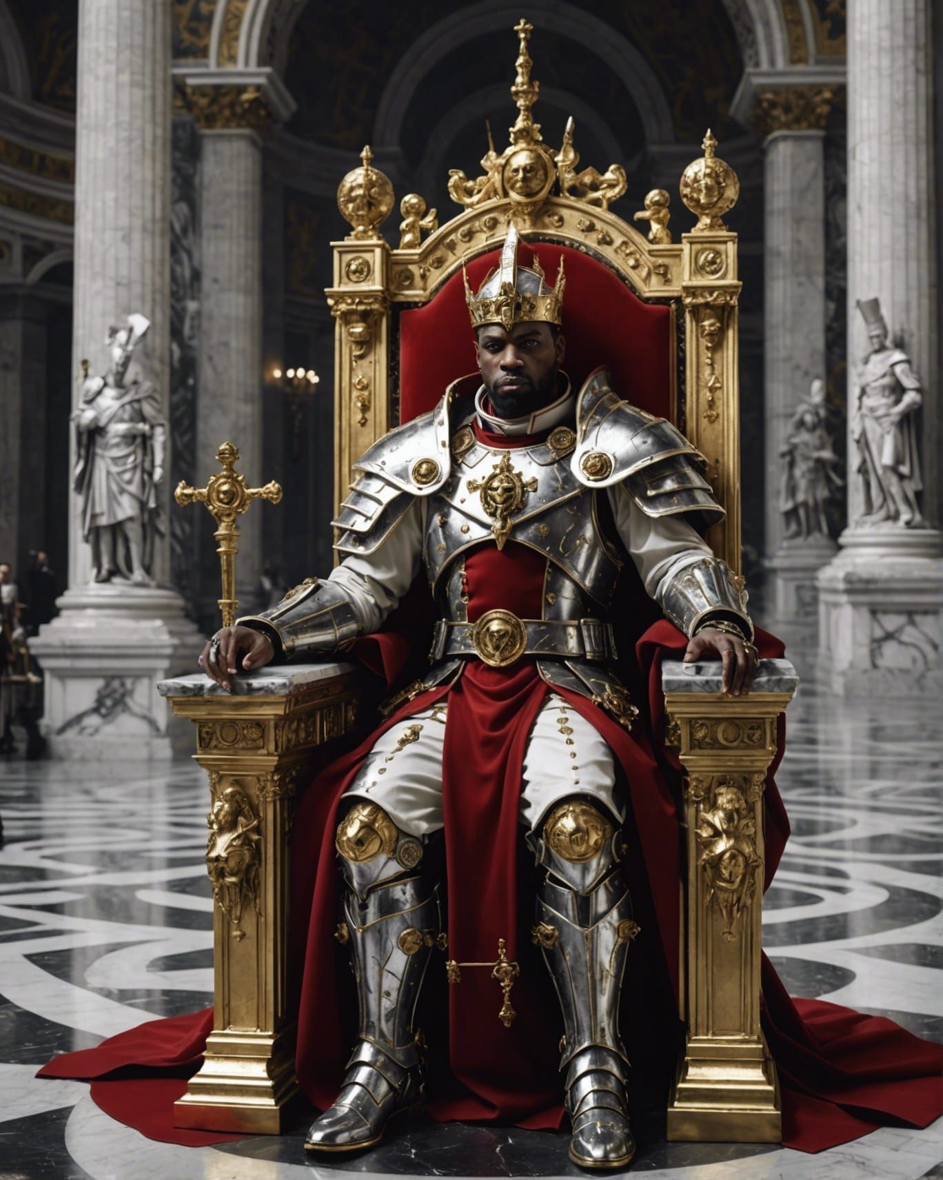 Cyborg Pope on Throne in Futuristic Vatican Temple