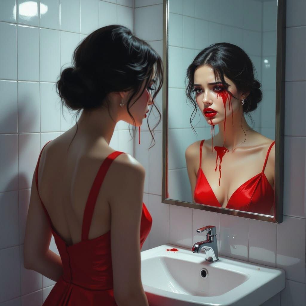 Woman Crying Blood in Red Dress at Mirror