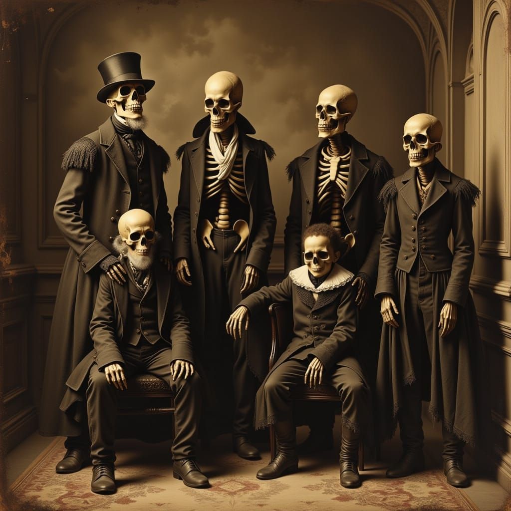 Eerie Sepia Photograph of Danse Macabre Skeletons
