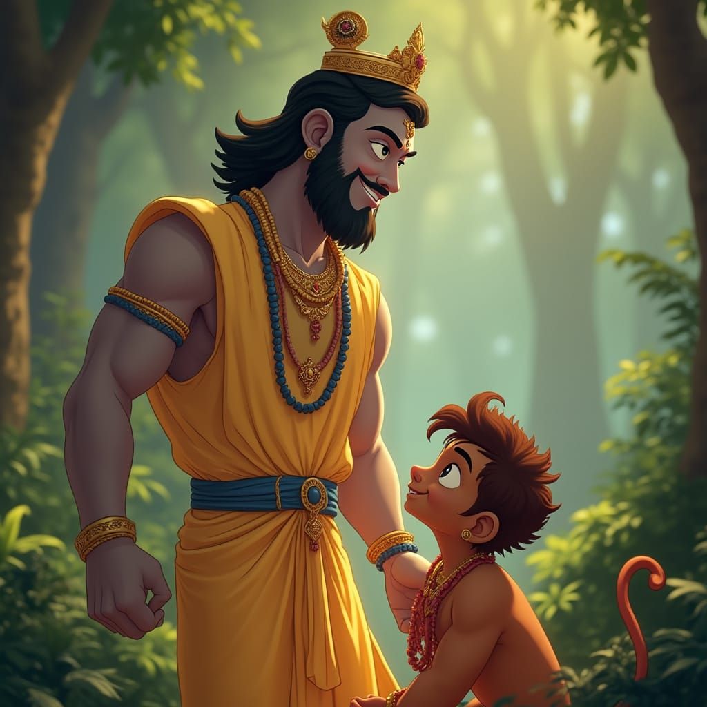 Lord Ram in Elegant 3D Cartoon Style, Smiling at Hanuman