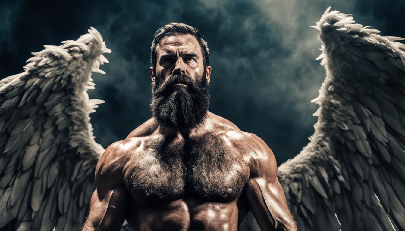Muscular Angel with Beard in Cinematic Film Still