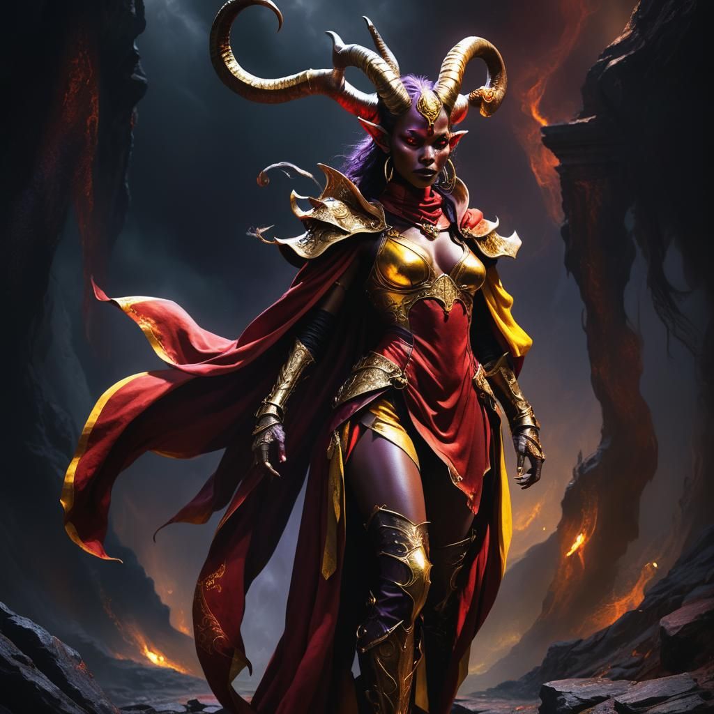 Hyperrealistic, beautiful slender tiefling with purple skin,...