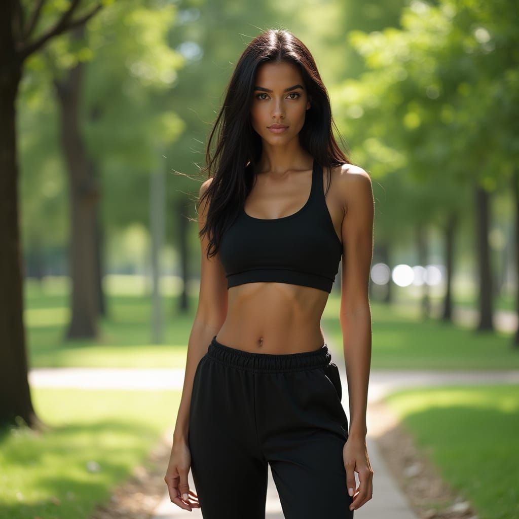 Athletic Woman in Park: Hyper-Realistic Photography