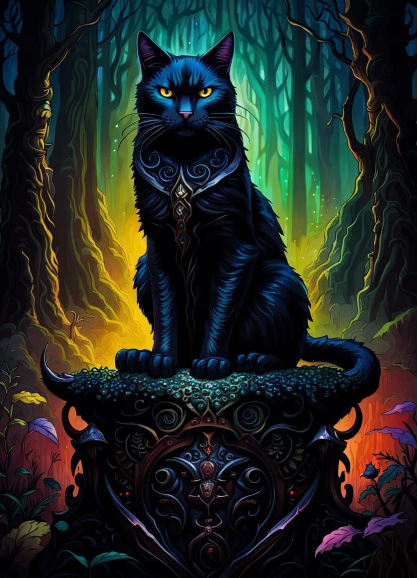 Monstrous Black Cat on Totem in Dark Swamp