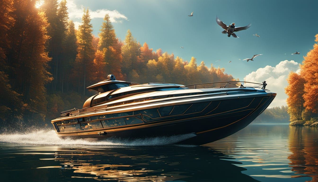 Futuristic Robotic Boat on Lake, Digital Matte Painting