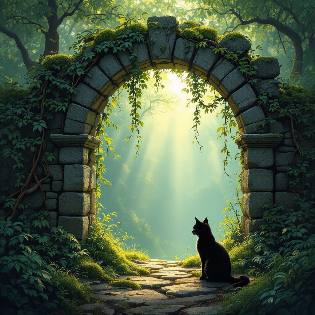 Mystical Forest Archway Entrance with Guard Cat