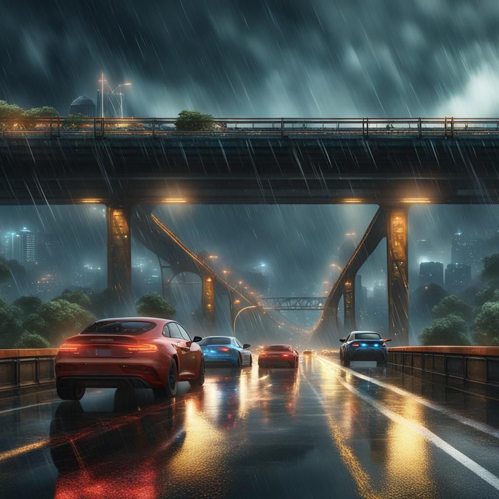Rainy Freeway Traffic: Detailed Matte Painting in Deep Color