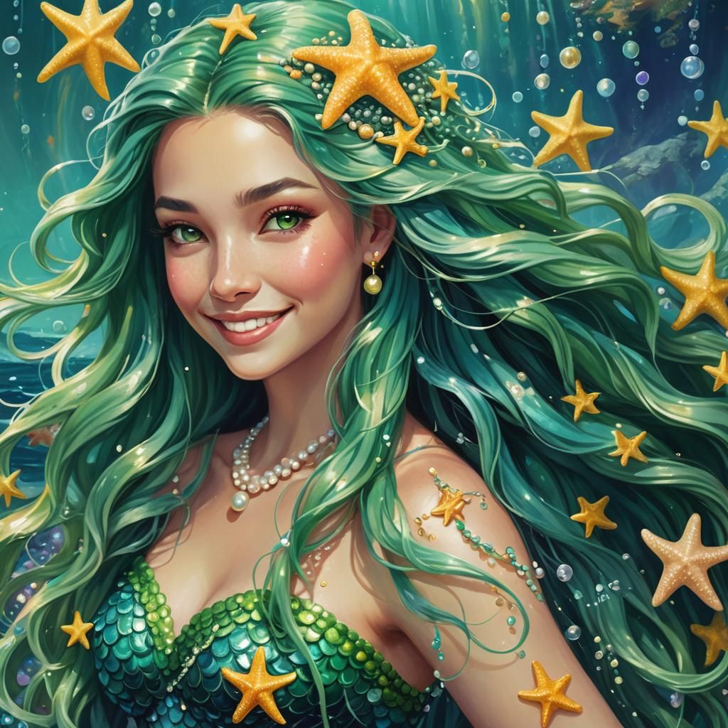 Smiling Mermaid with Emerald Hair, Art Nouveau Oil Painting
