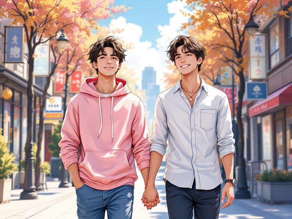 Vibrant Anime-Inspired Bishonen Couple in Modern Cityscape