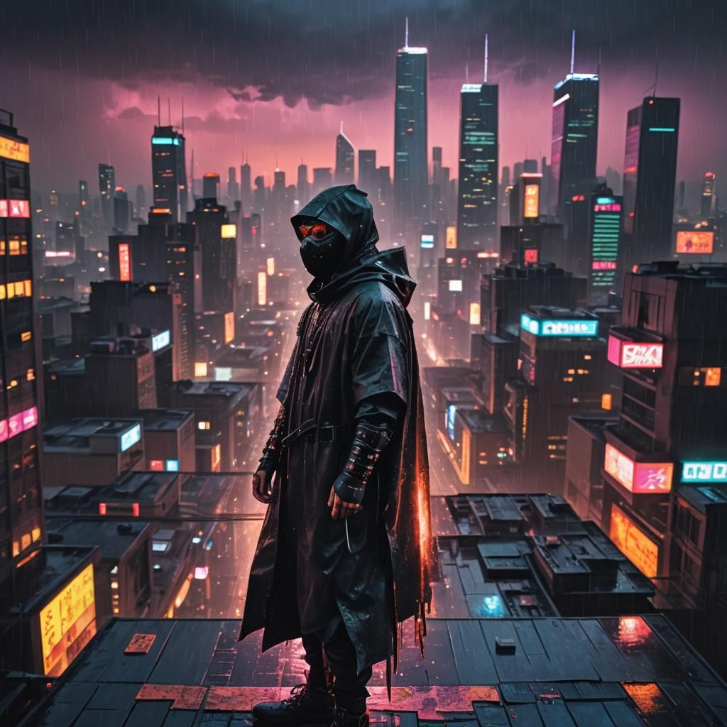 Cyberpunk Ninja Overlooking Rainy City at Sunset