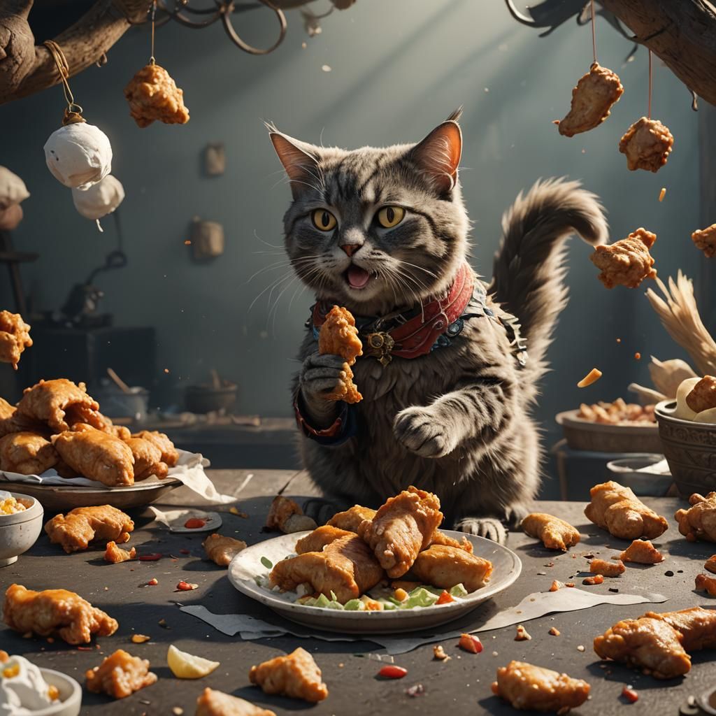 Humorous Balding Cat Eats Chicken Wing