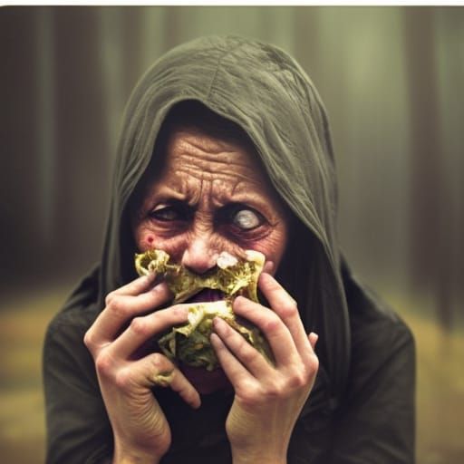 Distressed Woman Eating Salad: Evocative Portrait