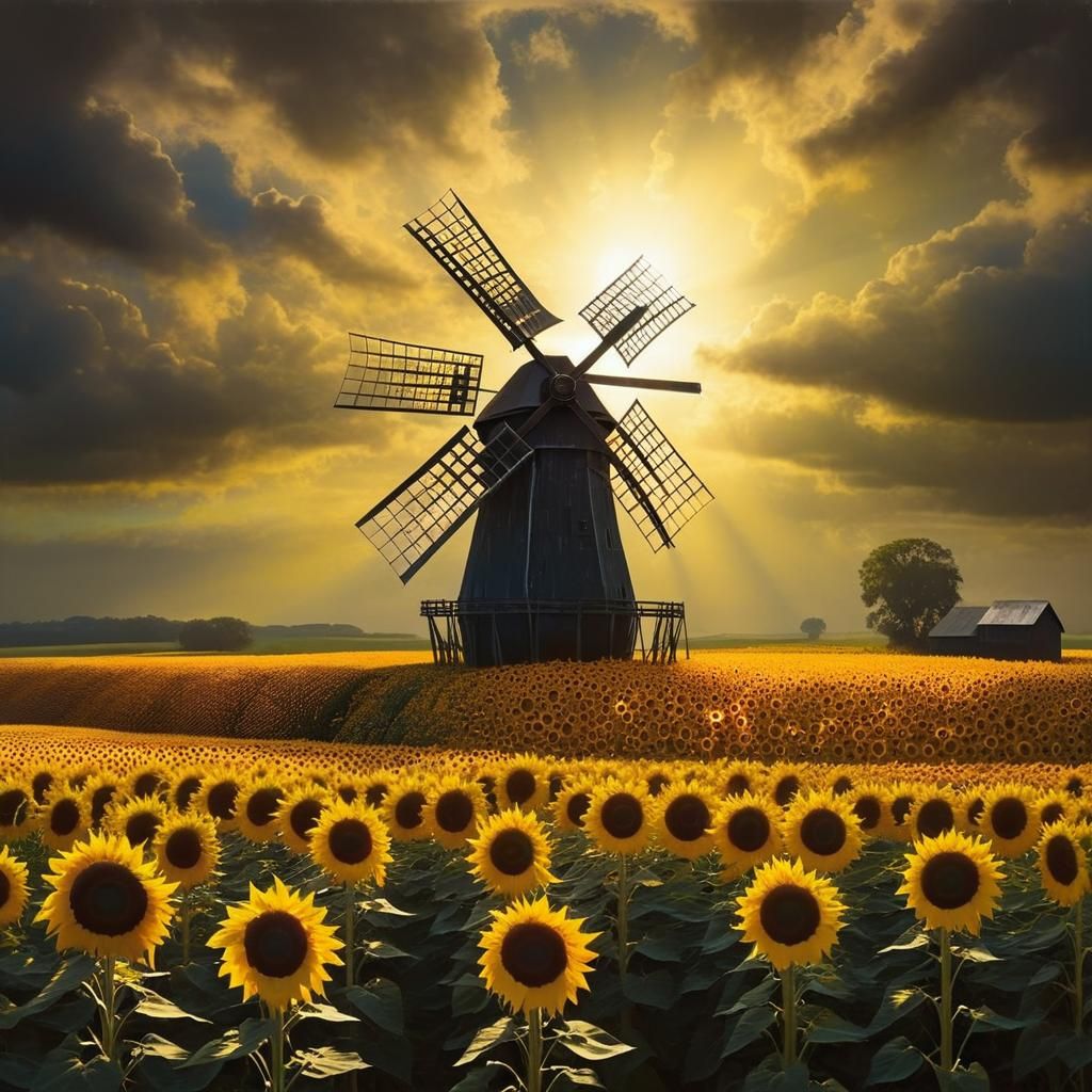 Surreal Dystopian Windmill in Sunflower Field