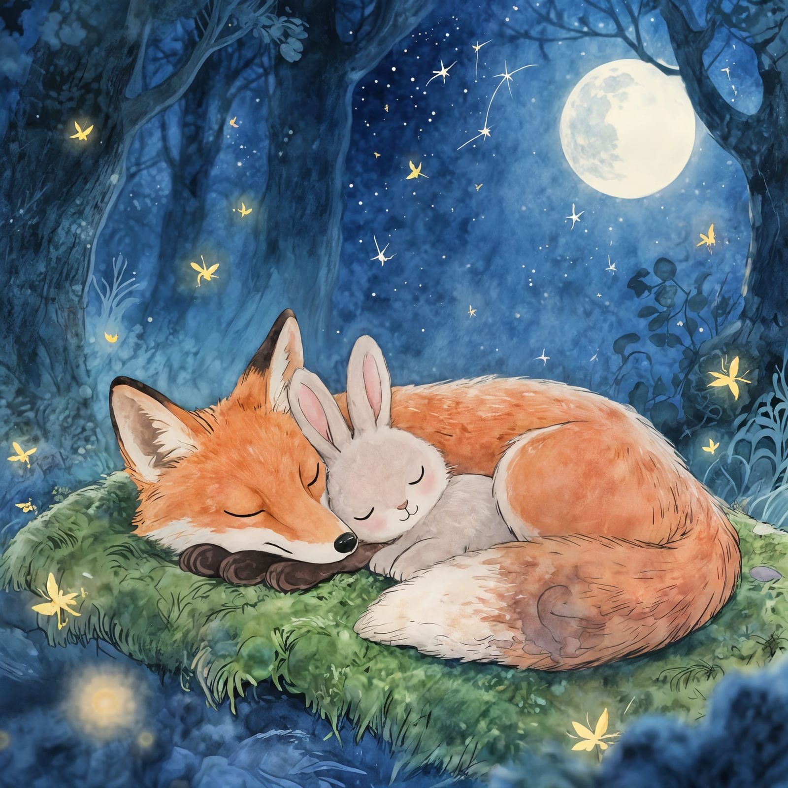 Fox and Rabbit Friends in Moonlit Forest: Watercolor Illustr...