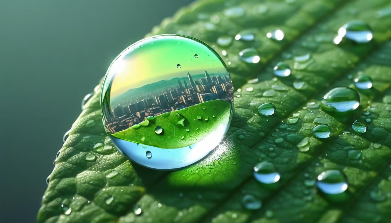 City Reflected in Dew Drop: Hyperrealistic 8K