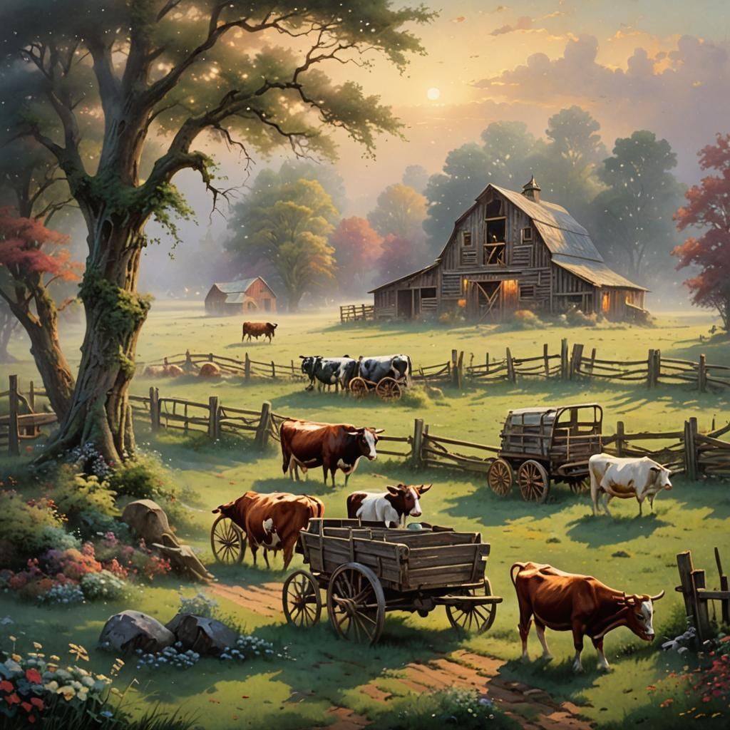Old Barn with Cows in Ethereal Fantasy Style