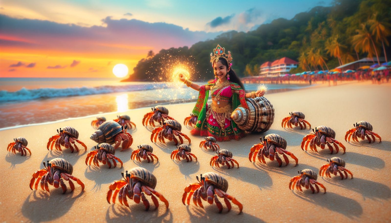 Hermit Crab Party on the Beach at Sunset