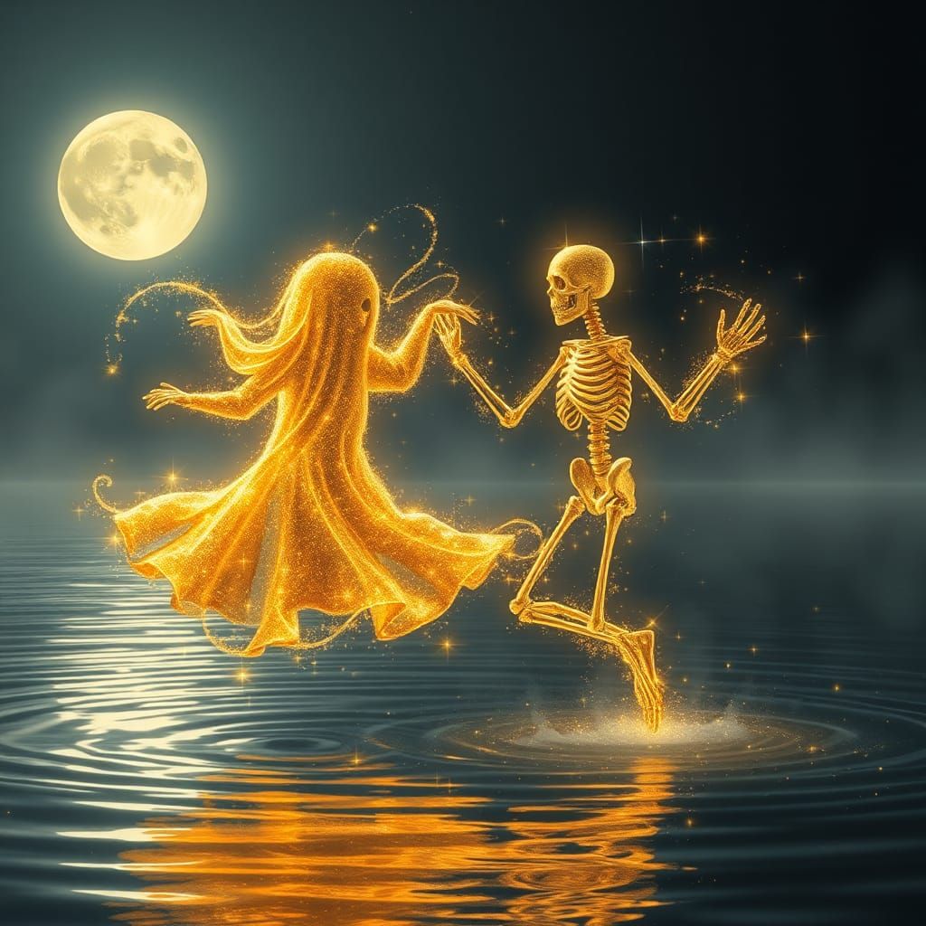 a ghost made entirely of golden shining stars and a skeleton entirely made of golden shining stars and golden dust dance...