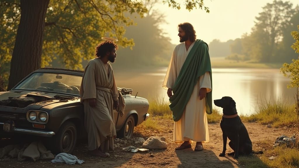 Homeless Man's Serene Encounter by the River
