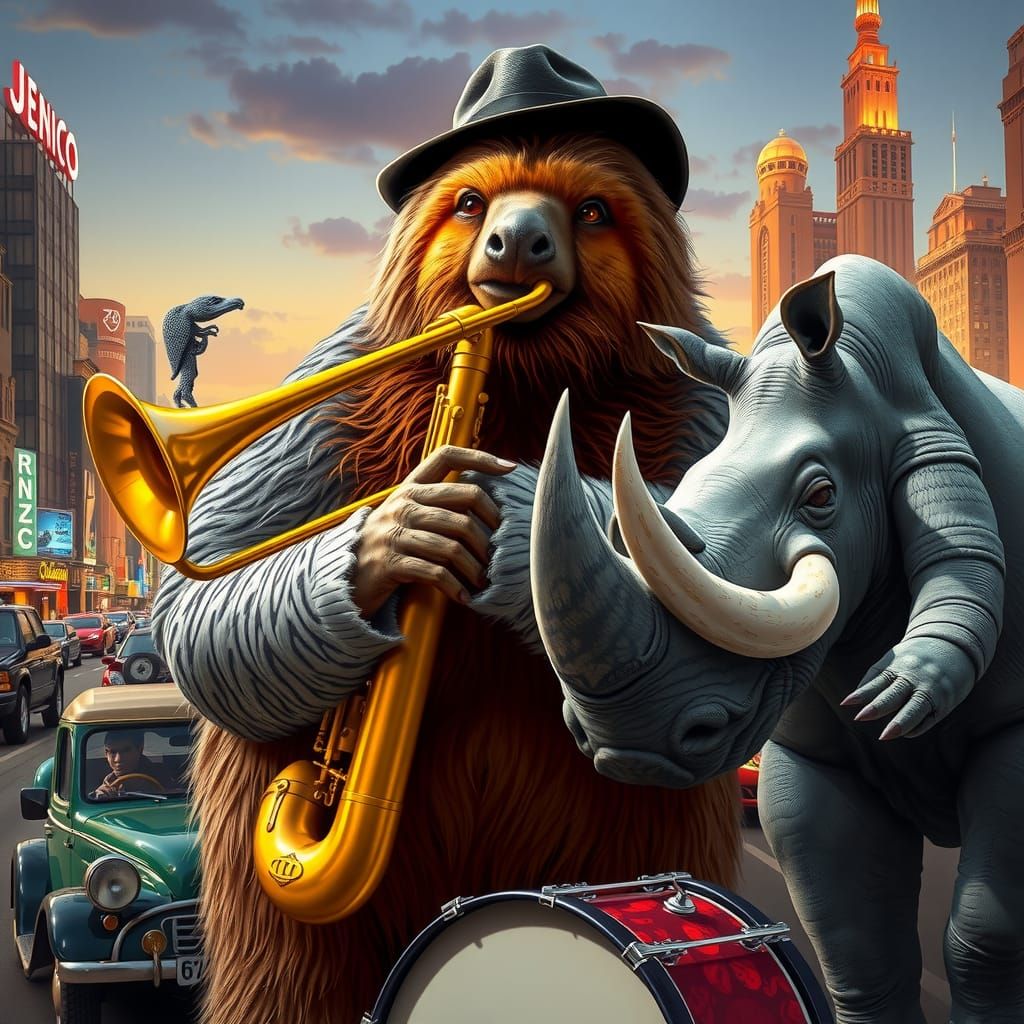 Prehistoric Jazz Band Roaring Twenties Cityscape