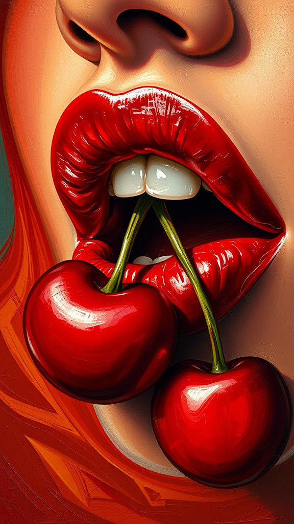 a close-up of glossy red lips with a pair of red cherries on...