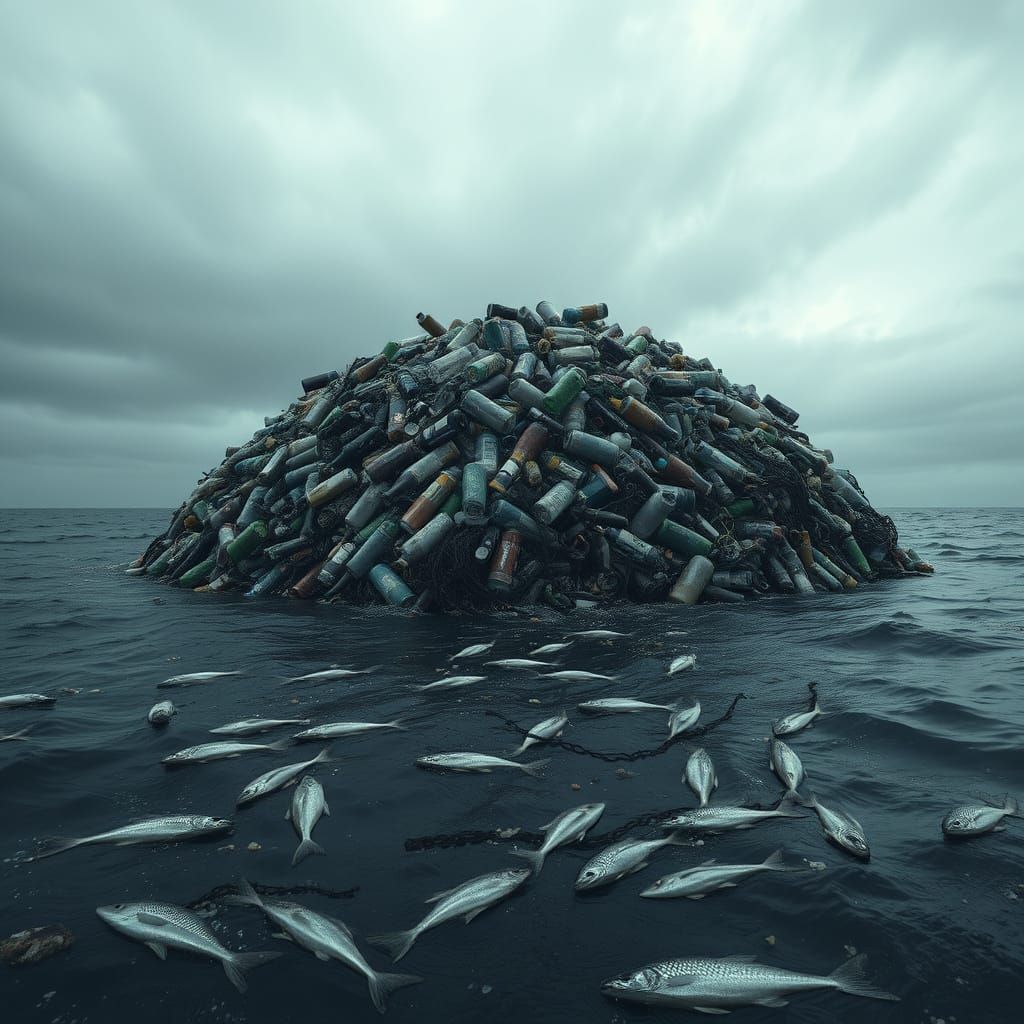 Plastic Waste Island on Dark Ocean, Grim Environmental Scene