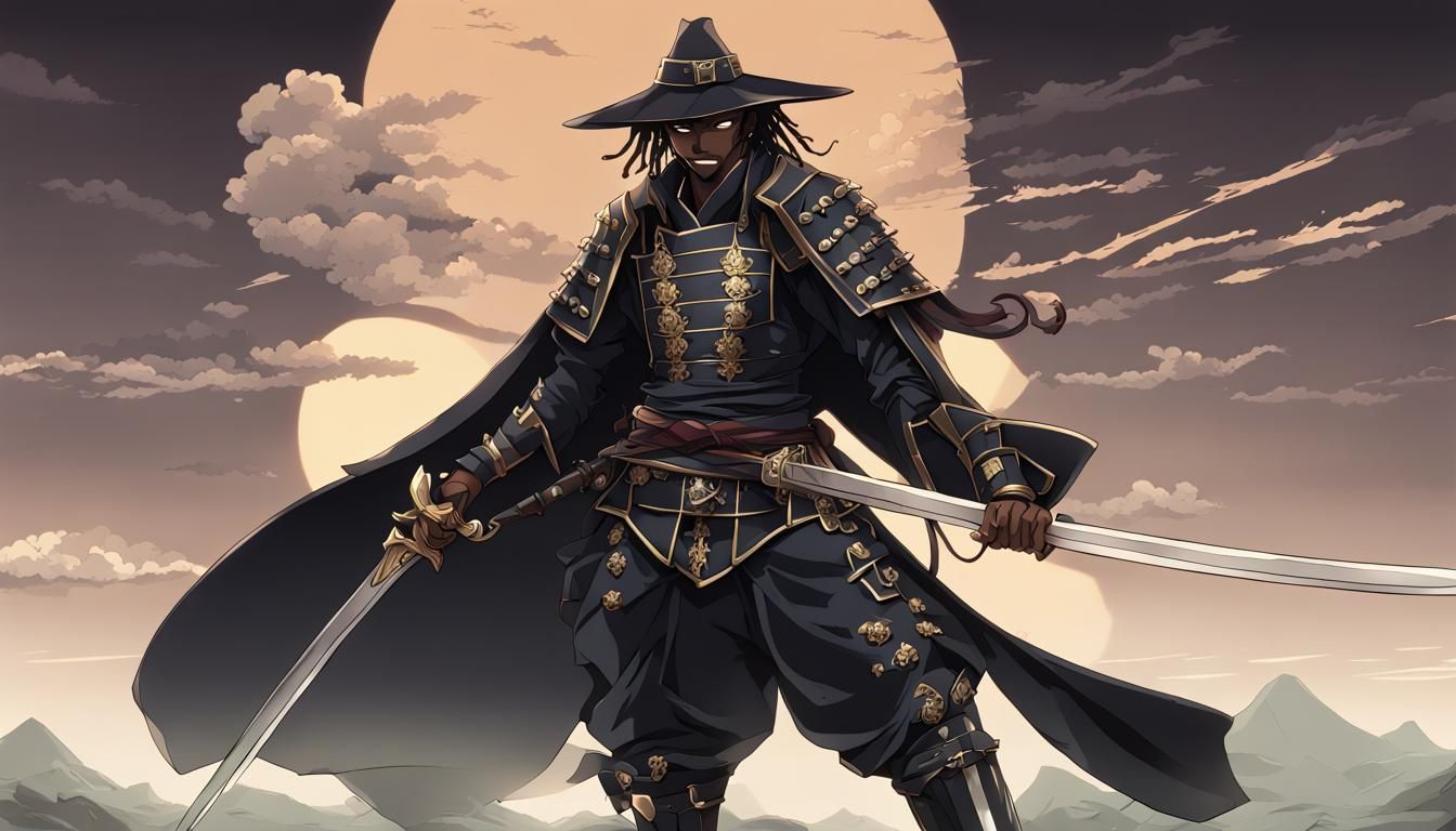 Handsome tall black Samurai Pastor Spaghetti Western meets Anime Full Armor of God Bible as a sword.