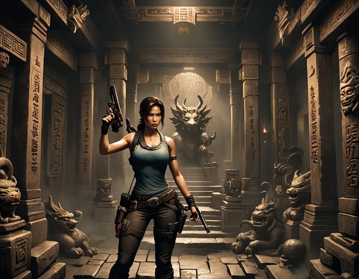 Lara Croft in Ancient Chinese Temple with Guns