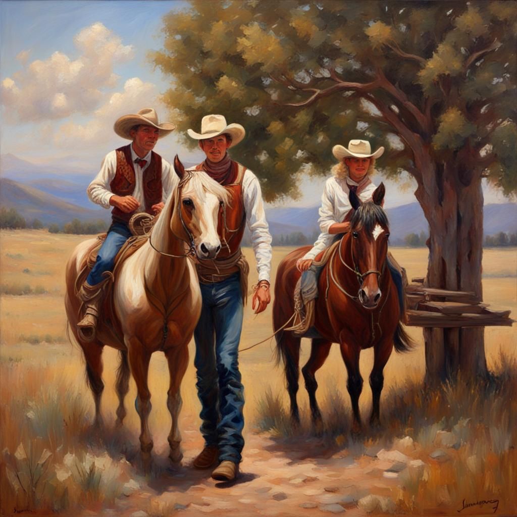 Country Wedding: Cowboy and Folk Singer in Oil Painting