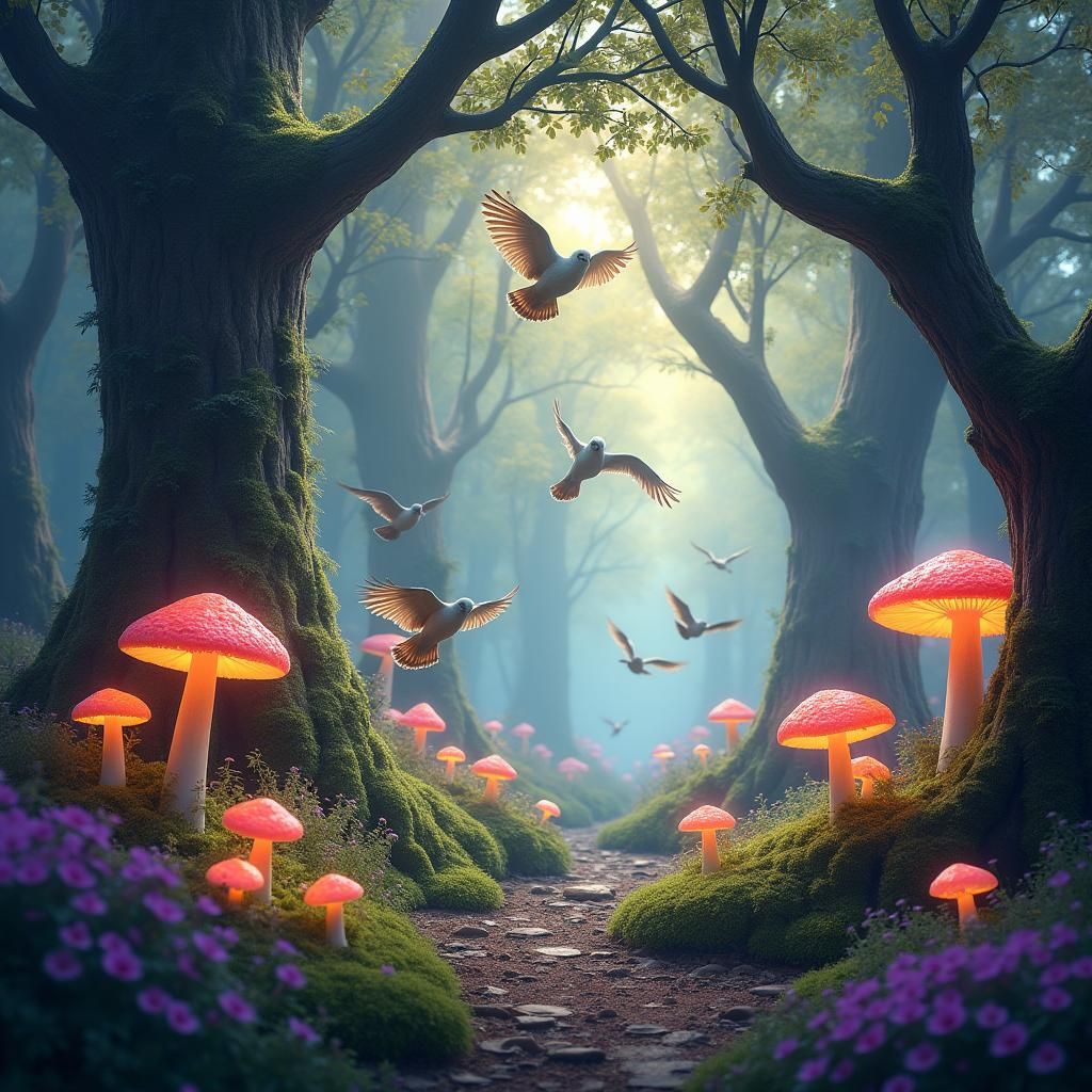 Dreamlike Forest Realm with Owls and Doves
