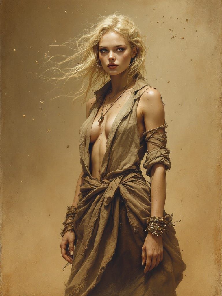 Frontier Wanderer in Desolate Landscape as Wyeth/Beksiński F...