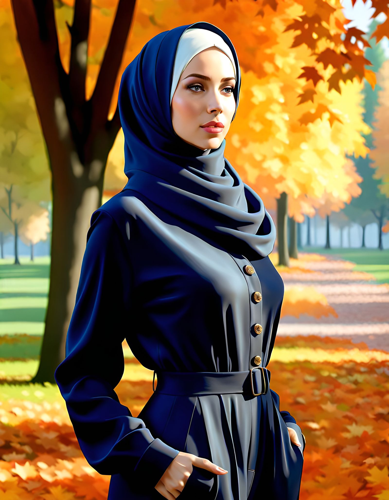 Modest Woman in Hijab Amidst Autumn Park: 8K Digital Art