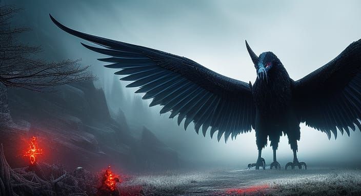 Majestic Black Winged Beast in Dark Forest
