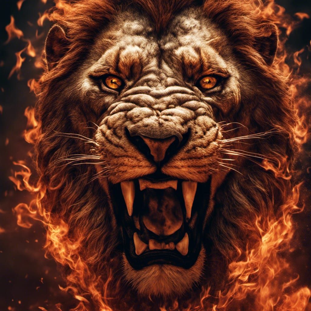 Fiery Lion Ember Roaring: Hyperrealistic Image