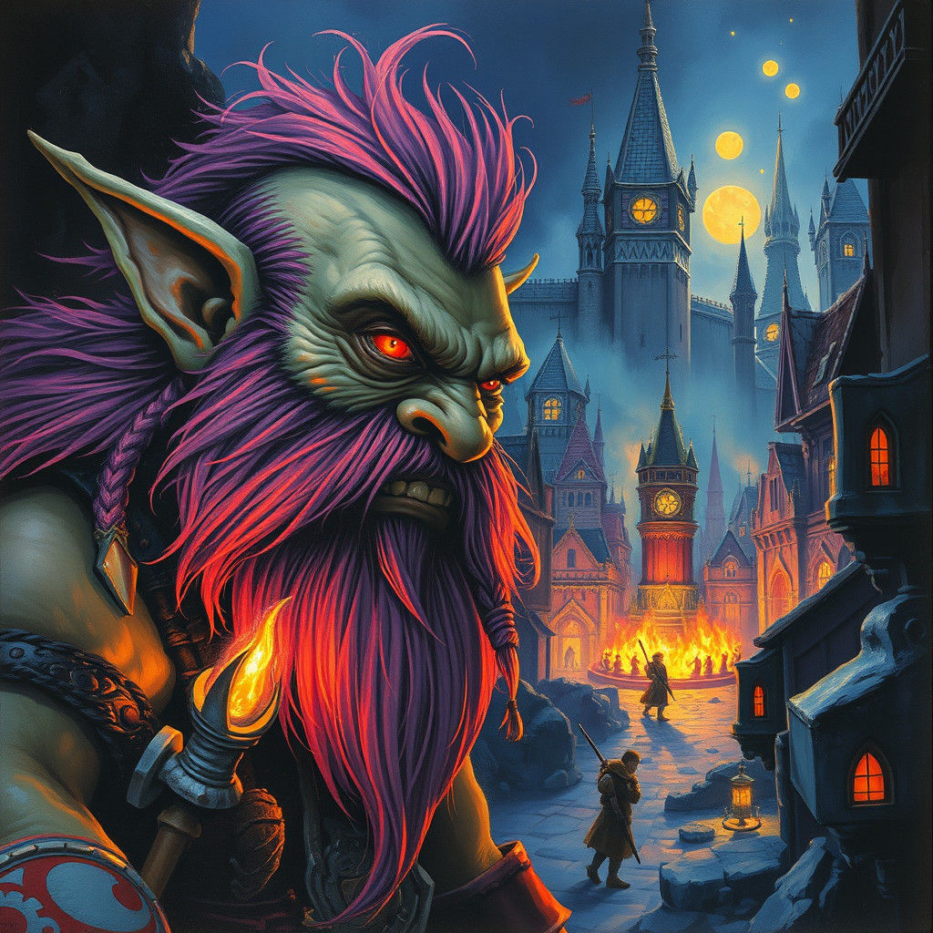 Dwarf Troll Portrait in Grimdark City, Gouache Style