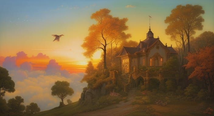 Romantic Evening Landscape with Majestic Trees and Clouds