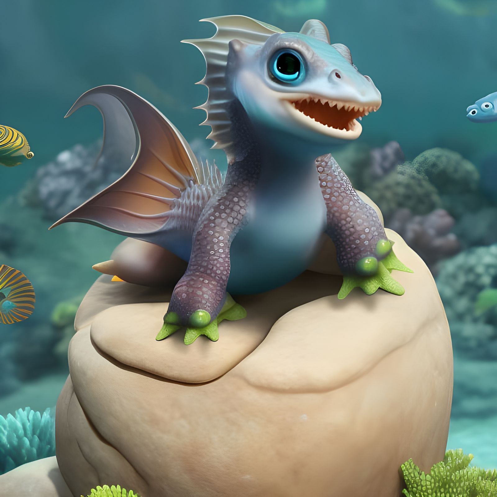 Adorable Underwater Baby Dragon Hatching, 3D Render