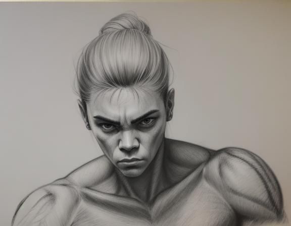 Charcoal Drawing of Female Boxer Portrait