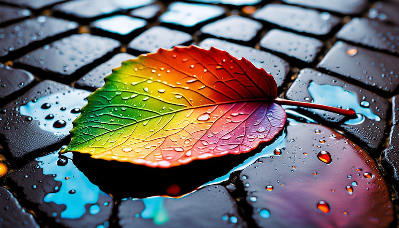 Cityscape Reflection in Rainbow Leaf: Macro Photography