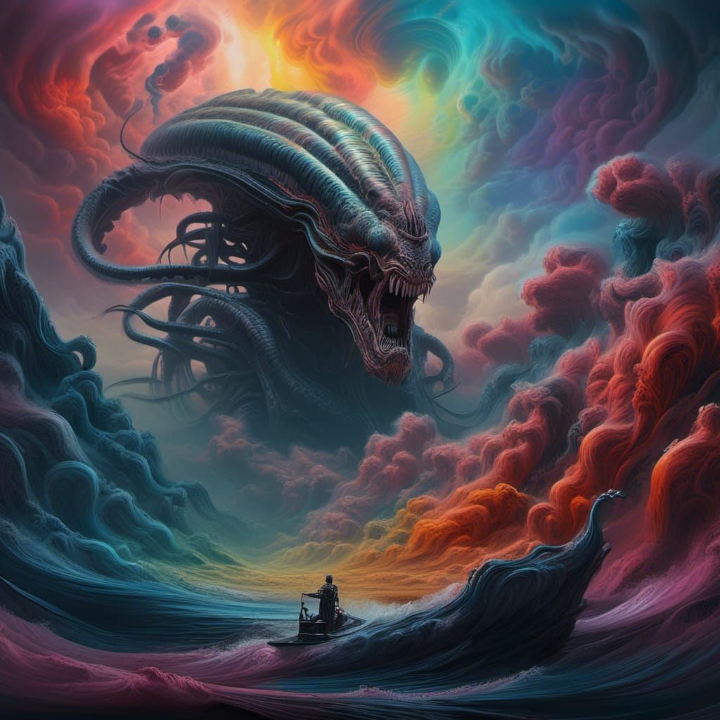 Xenomorph Queen Rising from Colorful Fluid Lake