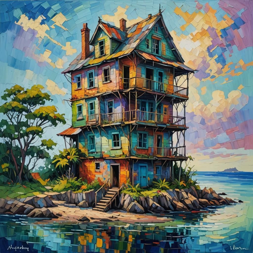 Rickety House on Island: Expressionist Oil Painting