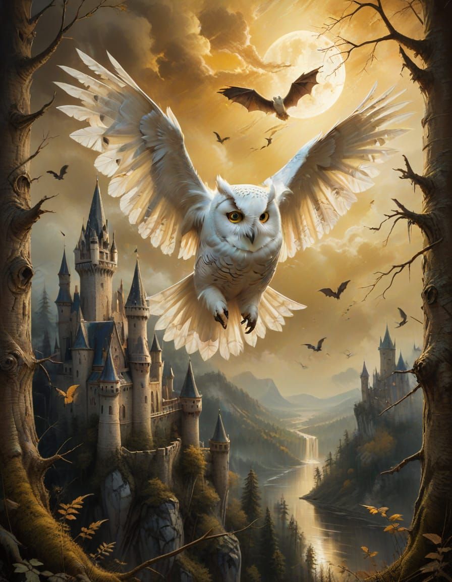 Fantasy Realism Portrait of a Flying White Owl and Bat in a ...