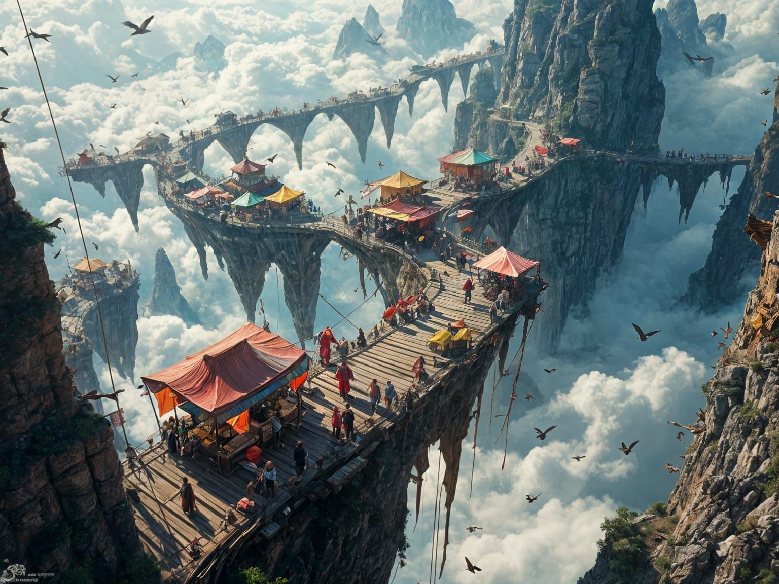 Floating Cloud Marketplace: Aerial View of a Vibrant Sky-Cit...