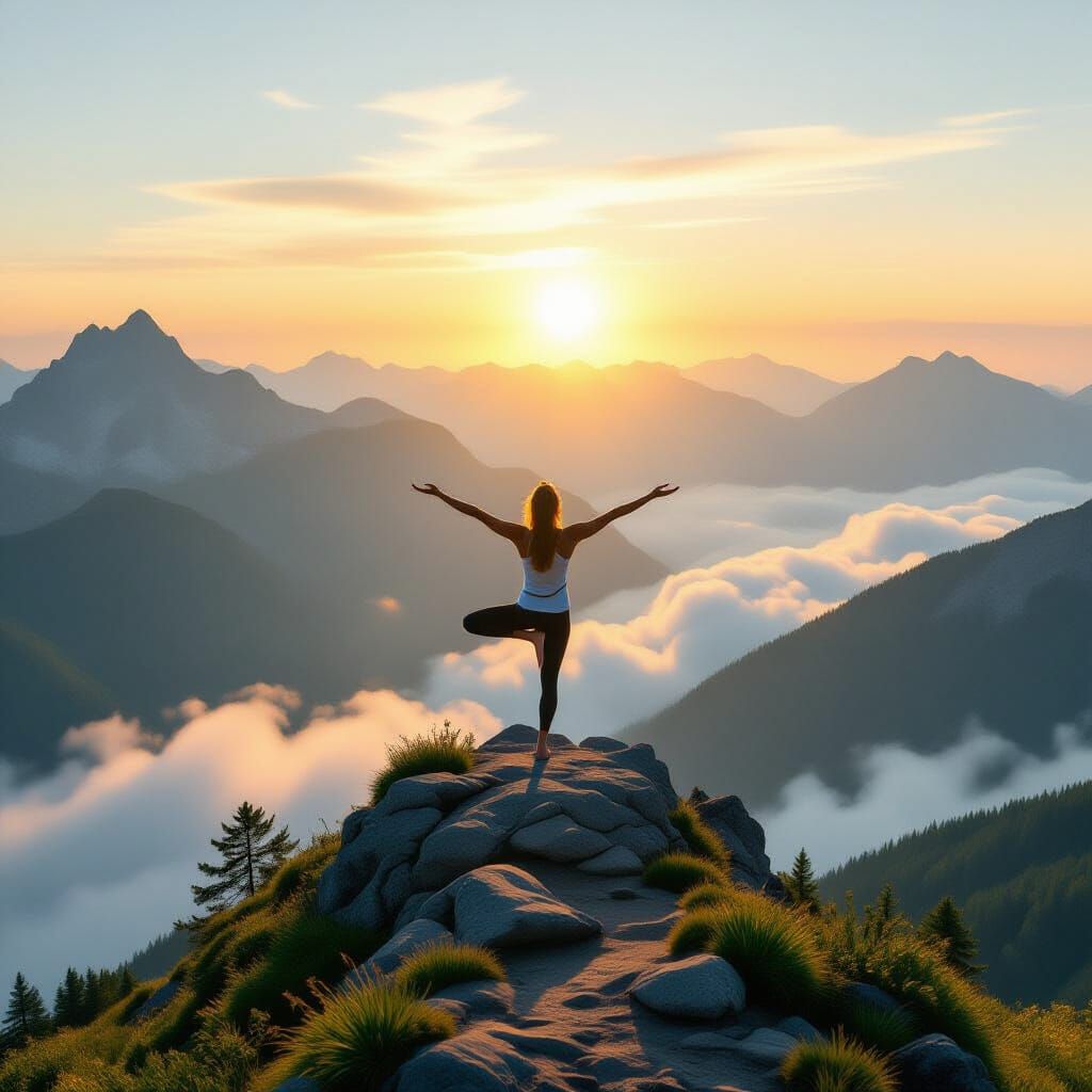 Sunrise Yoga Balance Atop Mountain Peak