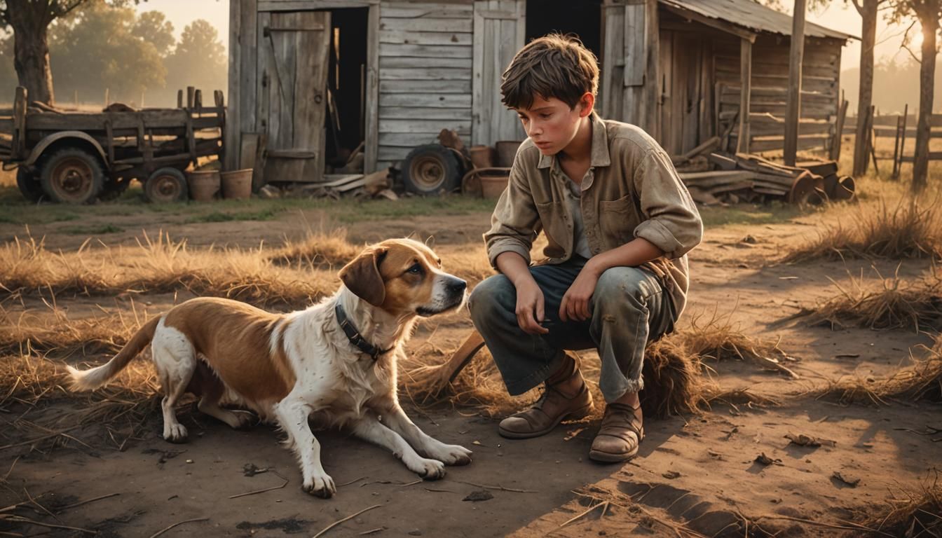 Farm Beggar Boy with Dog in Photorealistic Digital Art