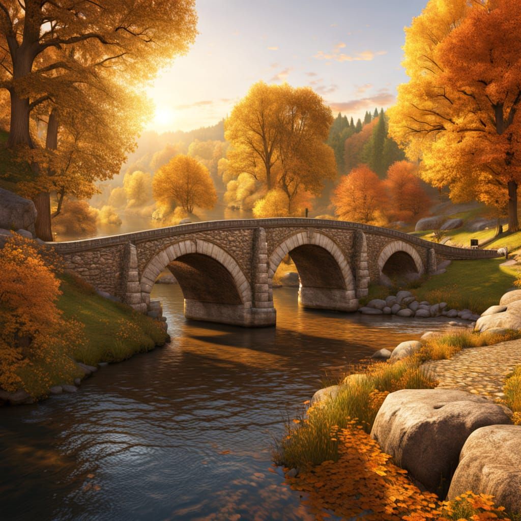 Golden Hour Autumn River Under Roman Bridge