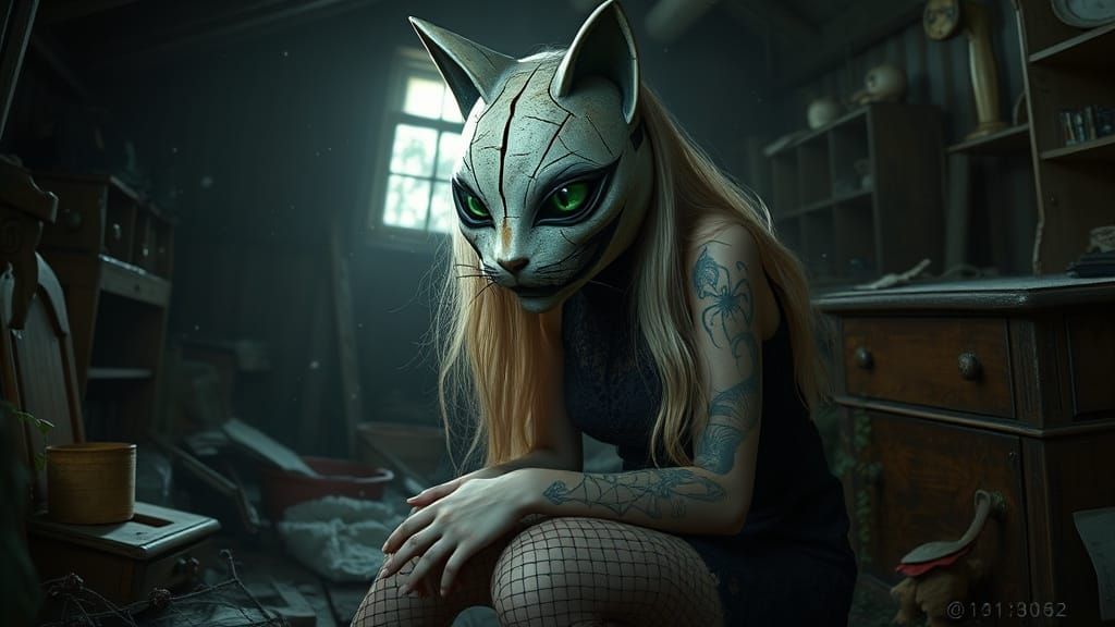Gothic Woman Kneels in Shadowy Attic with Ceramic Cat Mask