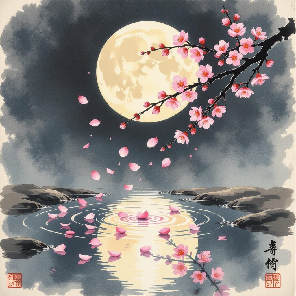 Moonlit Cherry Blossom Puddle in Ukiyo-e Style