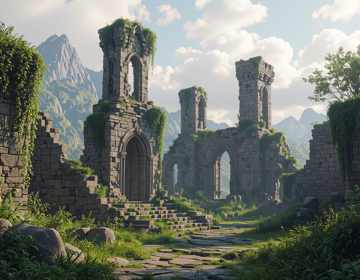 Lush Medieval Ruins in Detailed Matte Painting Style